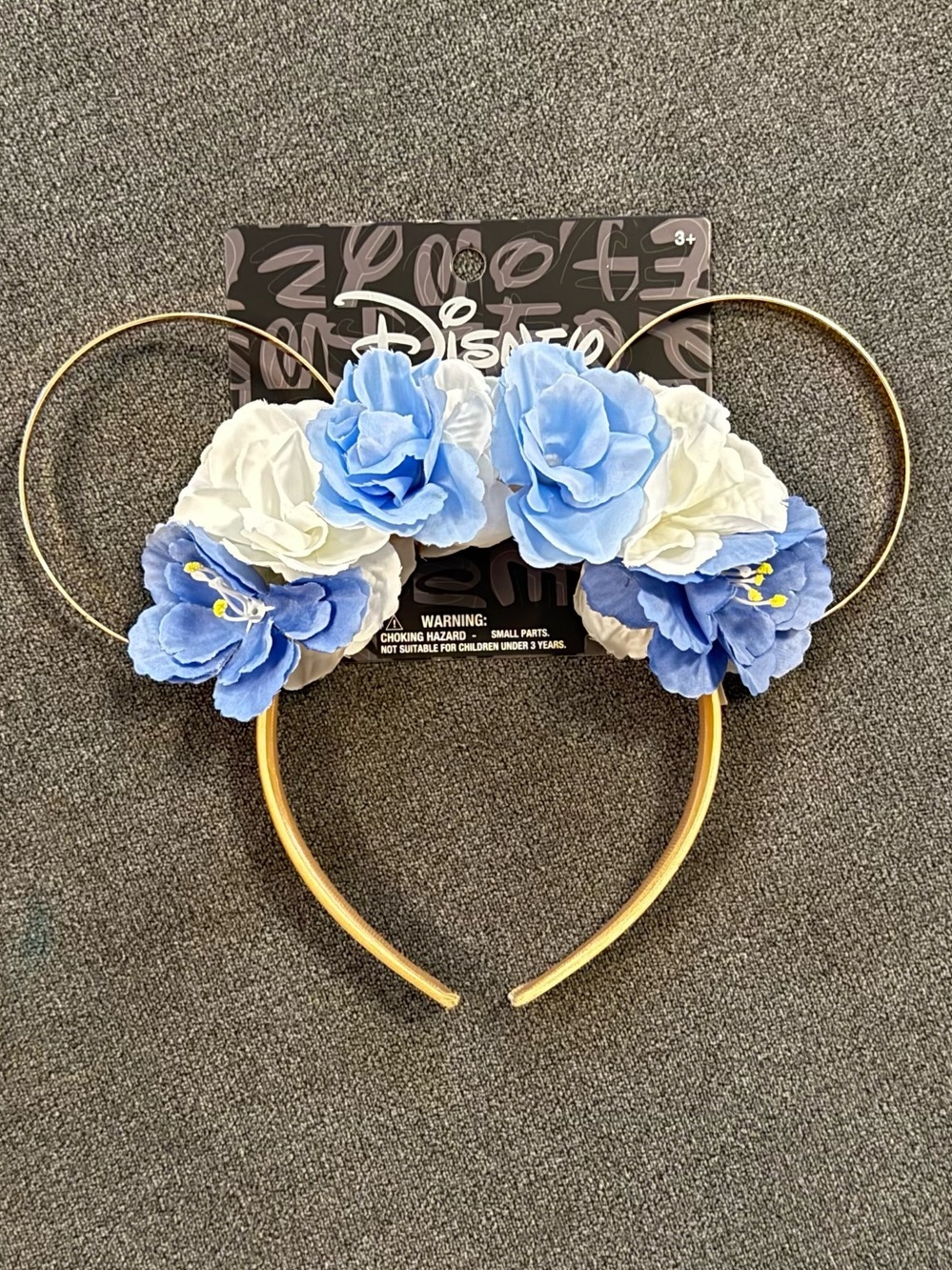Disney Gold Minnie Ear Headband with Blue and White Fabric Flowers